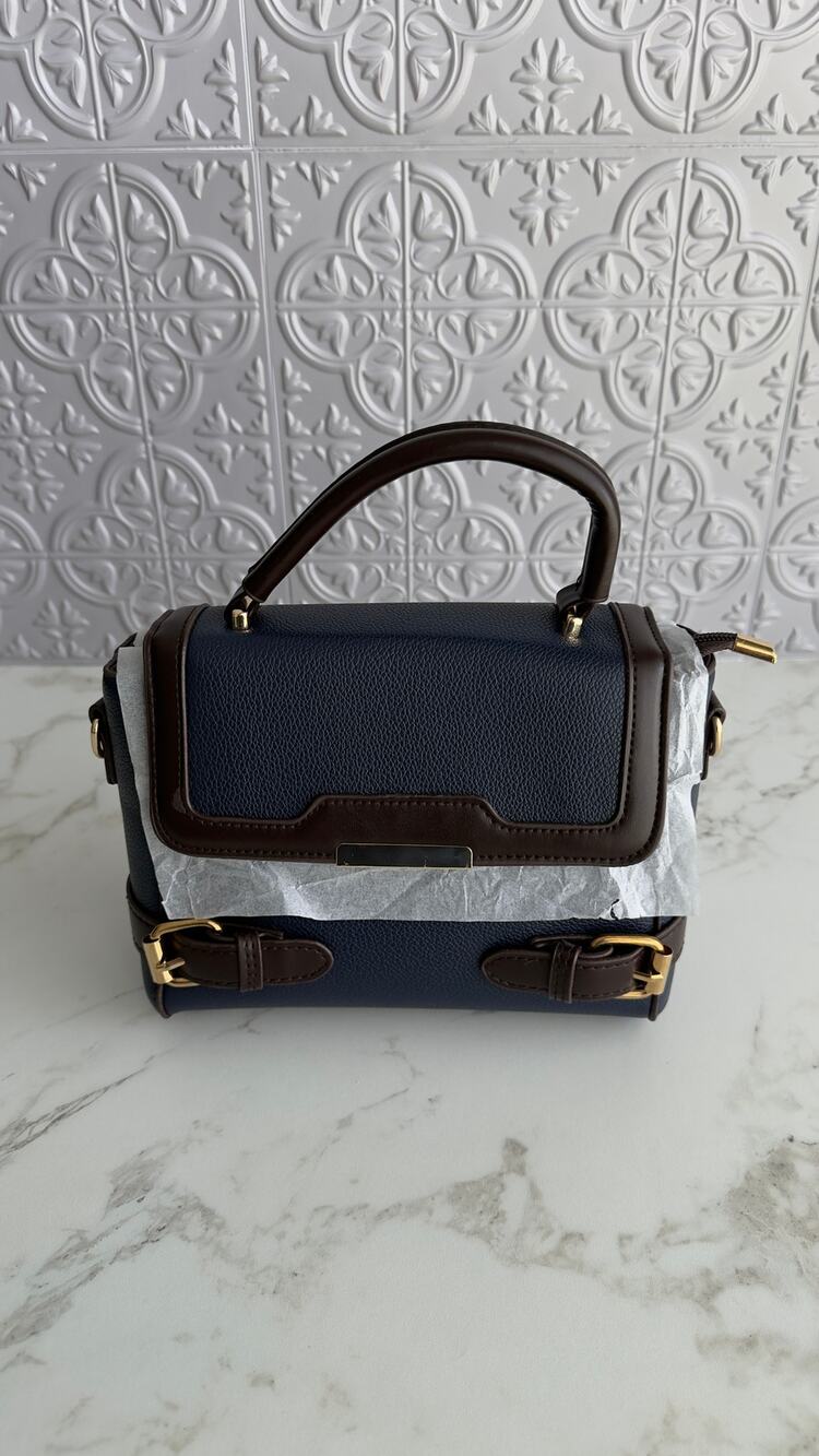 Navy Blue & Brown PU Leather Satchel Crossbody Handbag Top Handle Purse NEW
